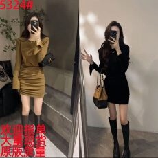 批发【大婷婷】秋冬新款圆领设计感褶皱收腰显瘦包臀连衣裙短裙