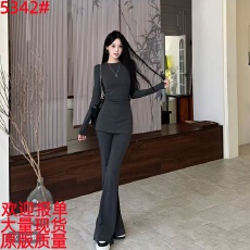 批发TITI 冬季时尚两件套腰部捏褶修身加长上衣<b class='q'>气质</b>喇叭<b class='q'>裤</b><b class='q'>显瘦</b>套<b class='q'>装</b>女