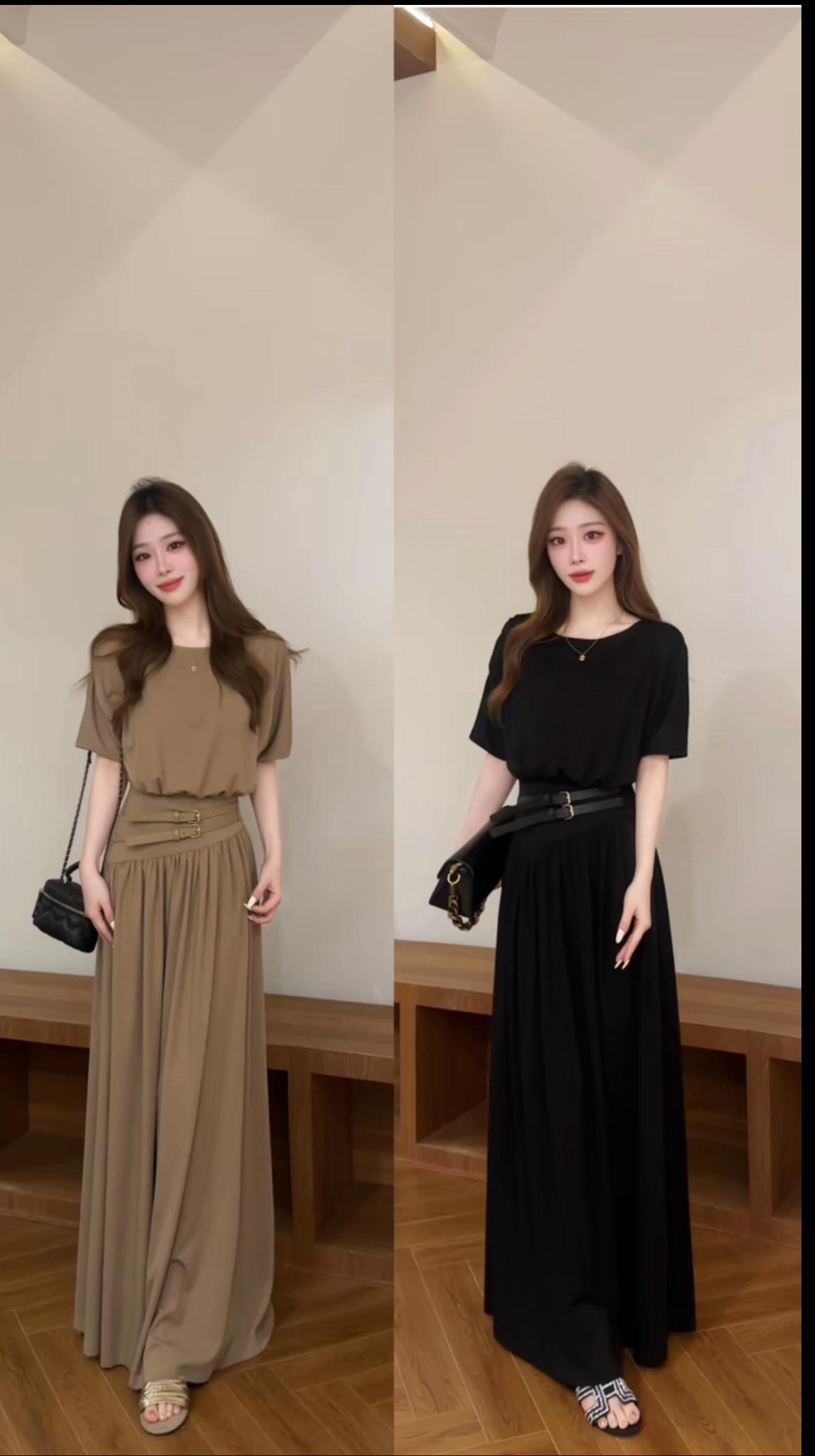 宥 妍 여름 새로운 프랑스식 작은 대중 벨트 디자인 허리 수축 반팔 드레스 롱 스커트 dt2220