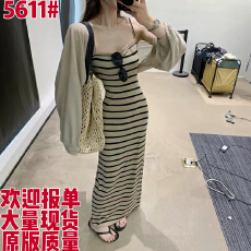 批发法式气质吊带连衣裙女夏季2026新款修身显瘦性感条纹<b class='q'>长款</b>背心裙子