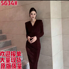 批发时尚丝绒轻熟风V领收腰显瘦<b class='q'>包臀</b>连衣裙优雅名媛风<b class='q'>长裙</b>