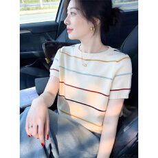 批发2026夏季绝美巨好看氛围感上衣杏色彩条纹圆领宽松针织短袖T恤女