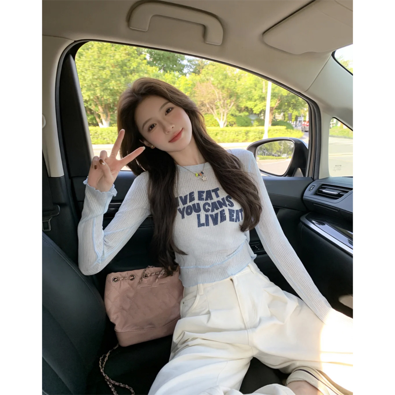 부드러운 바람 하늘색 알파벳 프린트 긴팔 티셔츠 여성 2026 새로운 여름 몸매 가꾸기 슬림해 보이는 자외선 차단 얇은 스타일 맨위