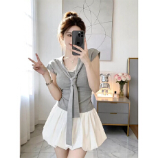 批发韩系巨好看穿搭一整套2026新款灰色短袖上衣女夏季花苞半身裙套装