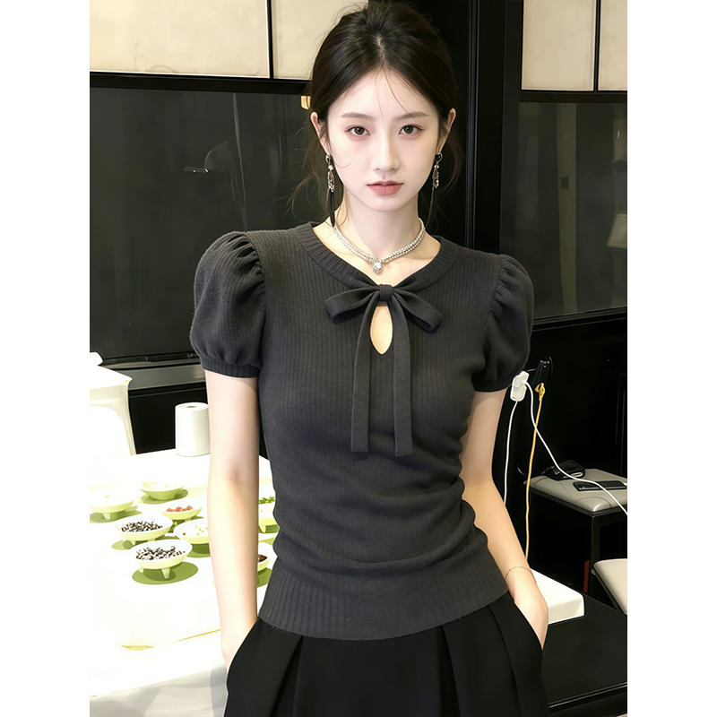 한 부서 달콤한 스타일 나비 매듭 니트 맨위 여성 봄 여름 새로운 연령 감소 거품 소매 몸매 가꾸기 슬림해 보이는 라운드 넥 반팔