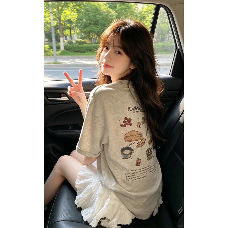 분위기 센스 착용 가져 가라. 2026 신제품 레트로 중간 길이 프린트 반팔 티셔츠 여성 여름 일본식 반소매 동정 맨위