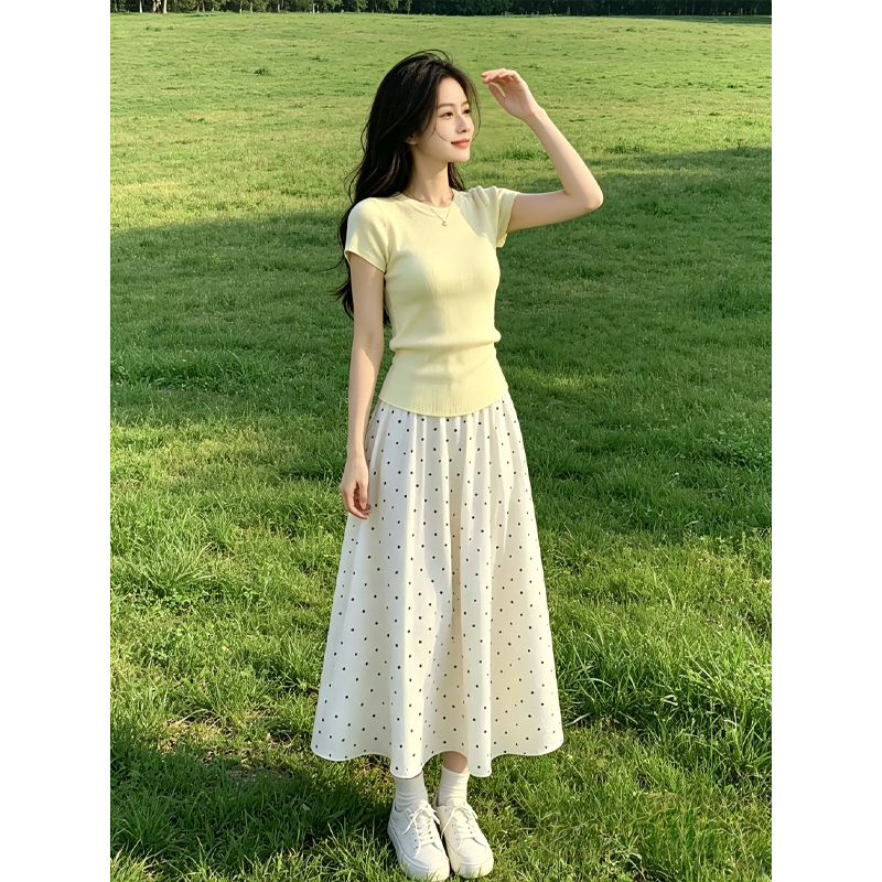 여름 여성 의류 코디 전체 집합 도트 무늬 반신 스커트 패션 한 부서 꼬집기 허리 롱 스커트 인기 아름다운 두 조각 치마