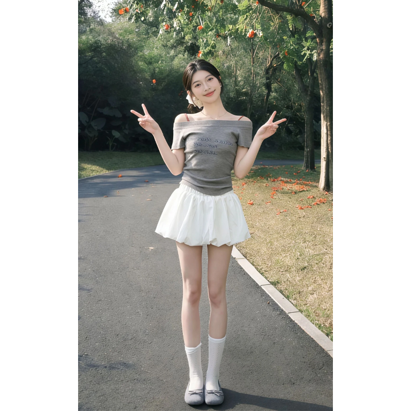 한 부서 레트로 핫걸 회색 오프숄더 반팔 니트 스웨터 여성 여름 하이웨이스트 화이트 반신 스커트 미니 스커트 투피스 세트
