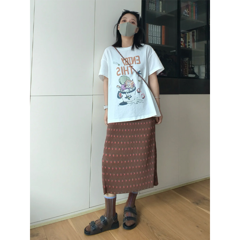 자이언트 잘 생긴 ~ 중 여름 전체 집합 ootd 착용 가져 가라. 한 부서 프린트 반팔 티셔츠 하이웨이스트 반신 스커트 캐주얼 세트