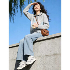 批发灰色polo衫翻领菱格提花设计感针织衫毛衣女秋季百搭休闲减龄上衣