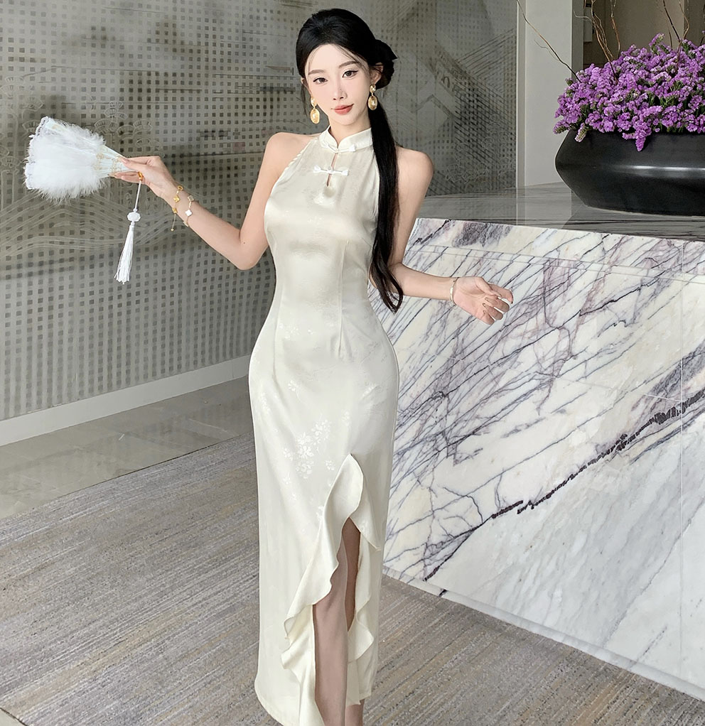 FA36389# 新款夏季轻熟紧身聚会时尚纯色开叉中长旗袍连衣裙 服裝批發女裝批發服飾貨源