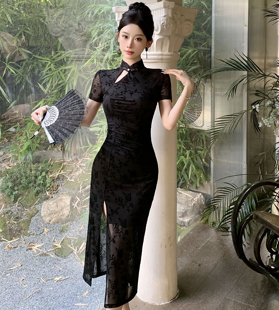 FA36391# 新款名媛高级感提花植绒改良旗袍小黑裙宴会礼服连衣裙 服裝批發女裝批發服飾貨源