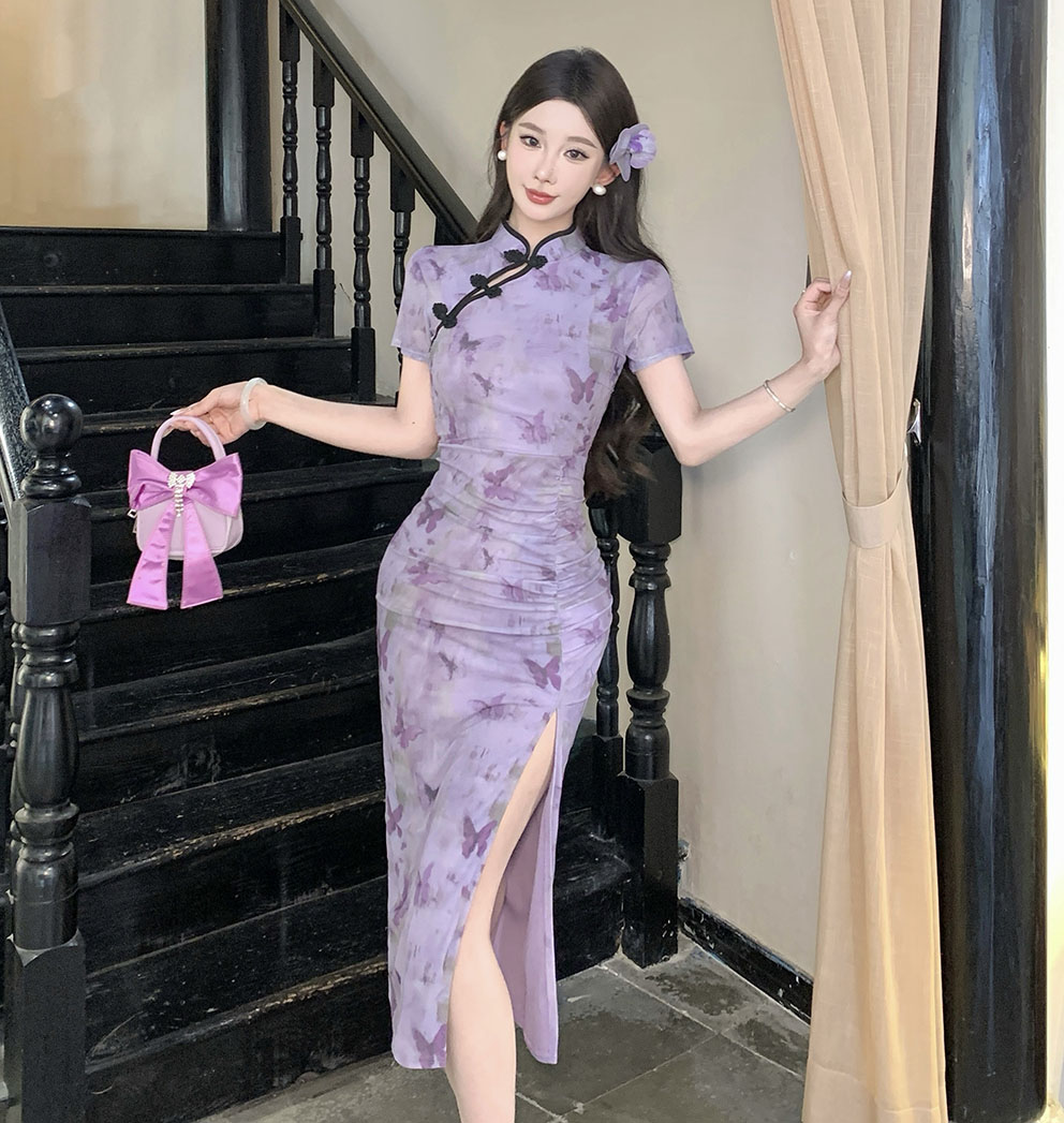 FA36392# 新款高级感复古风年轻款少女改良版网纱旗袍修身连衣裙 服裝批發女裝批發服飾貨源