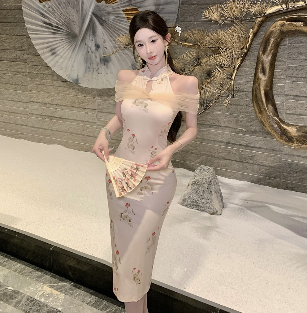 FA36387# 性感时尚主播套脖中长款侧开叉包臀长旗袍连衣裙 服裝批發女裝批發服飾貨源