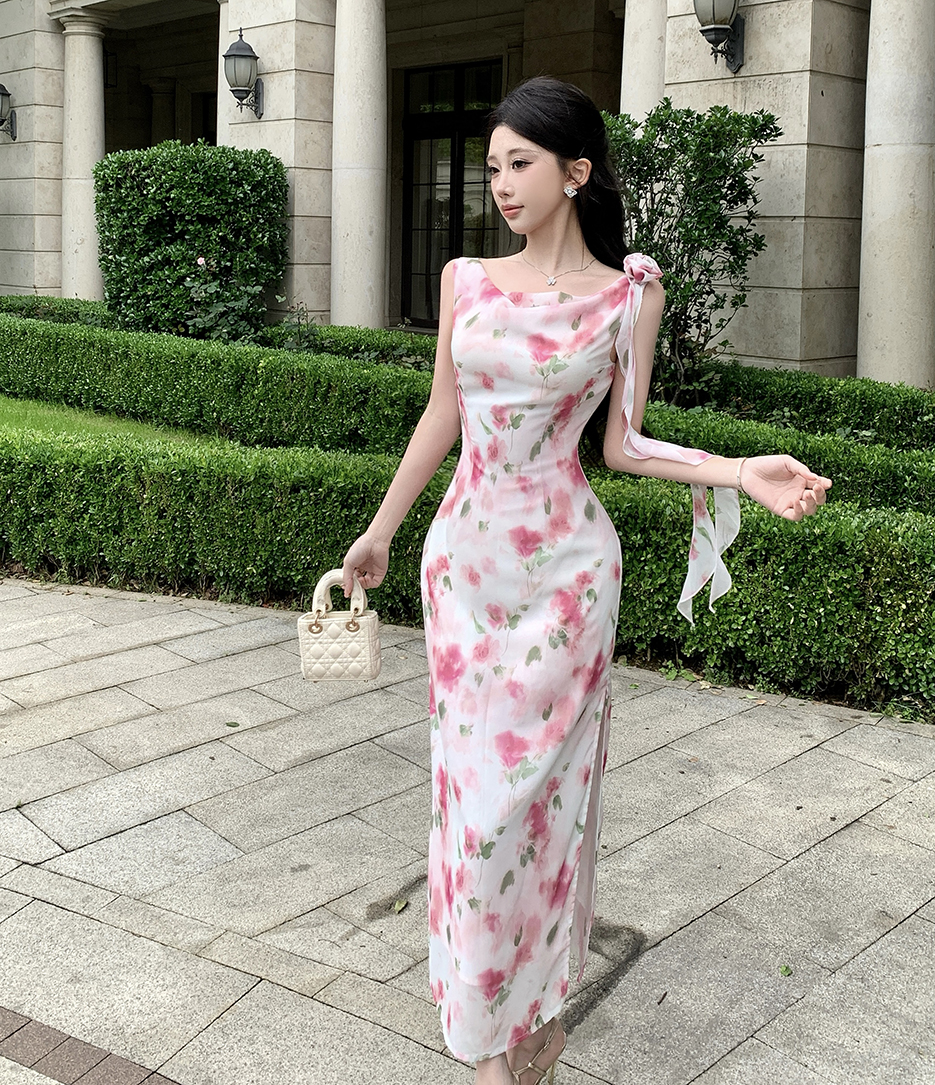 새로운 의류 여성 영 섹션 품격 흔들다 칼라 작은 여자 오프숄더 쉬폰 민소매 트임 드레스