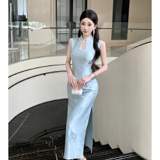 批发中式复古旗袍温柔气质裙子修身显瘦长款高端礼服连衣裙配项链