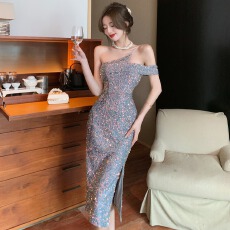 批发实拍 气质名媛工艺珠片拼欧根纱斜肩聚会度假礼服连衣裙