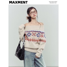 批发MAXMENT复古费尔岛提花粗针一字肩宽松厚实秋冬毛衣J312