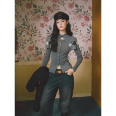 批发LaluneDuCiel 格纹设计长袖开衫披肩针织衫女套装毛衣<b class='q'>外套</b>秋上衣