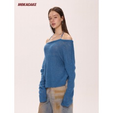 批发MOKACAKE蓝色一字肩挂脖薄毛针织衫露肩设计感小众毛衣上衣女秋季