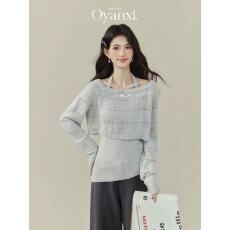 批发欧阳喜小嗲精早秋穿搭两件套挂脖背心针织衫镂空毛衣别致上衣