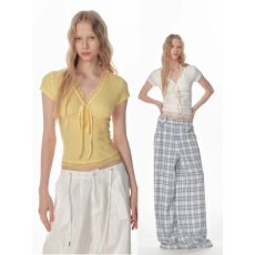 批发Ninnn1D法式休闲百搭蕾丝边V领短袖T恤女夏季修身显瘦辣妹上衣