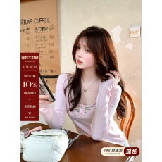 批发宋正恩粉拼条纹甜美长袖t恤女<b class='q'>春</b>季修身显瘦独特内搭打底衫两件套