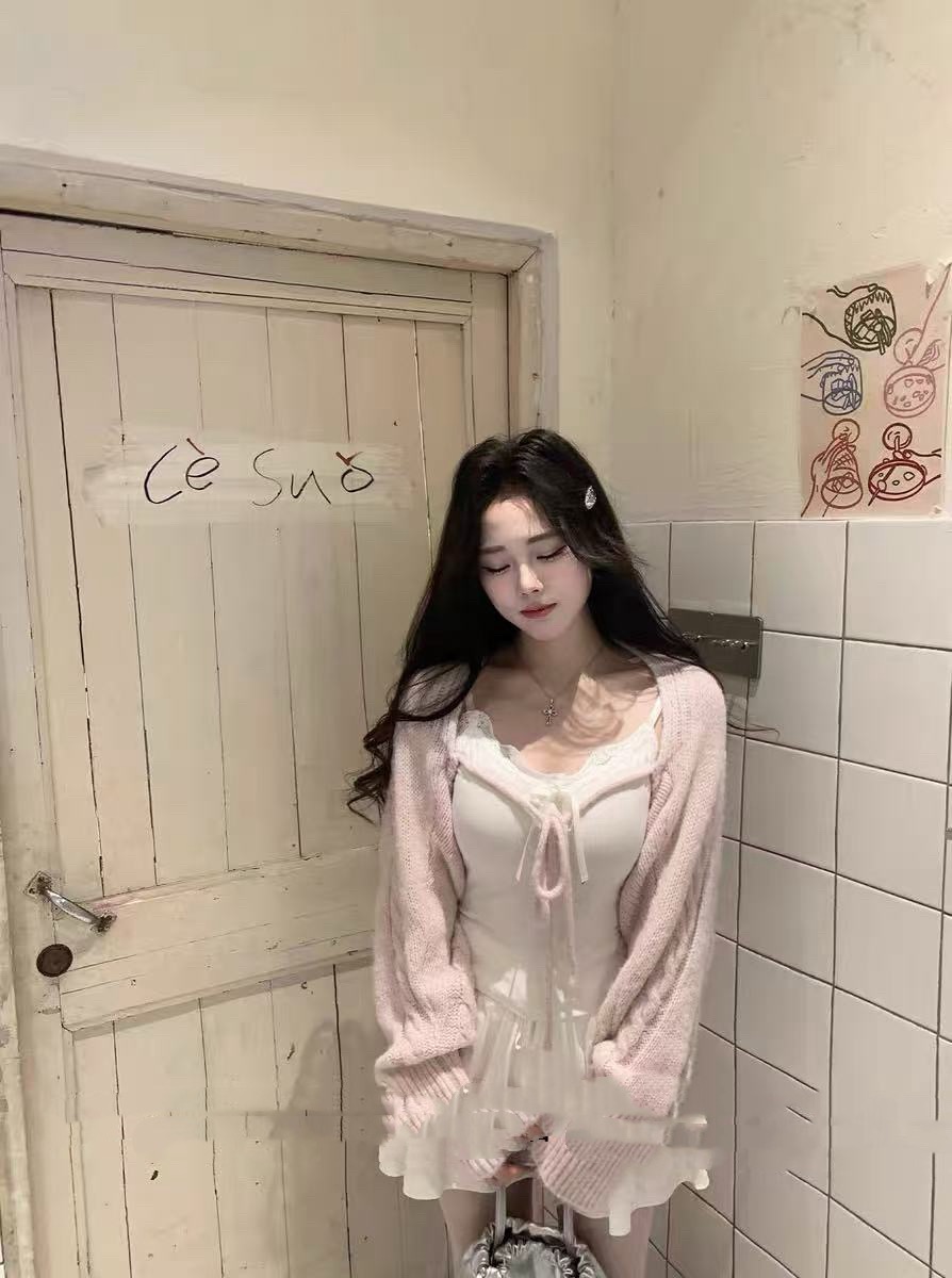 장 원 영어 같은 단락 threeti 한국 작은 대중 디자인 느긋한 바람 쇼트 스타일 레이스업 니트 숄 오픈 가디건 여성