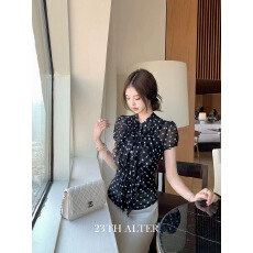 批发23TH  心动波点 春夏新显瘦绑带收腰雪纺波点设计感黑色上衣女