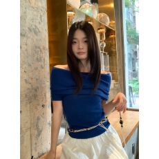 批发宋正恩蓝色一字肩针织短袖t恤女夏季新款修身辣妹露肩显瘦小上衣