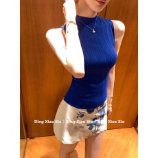 批发蓝色半高领紧身针织背心女夏季性感辣妹修身显瘦百搭短款无袖上衣