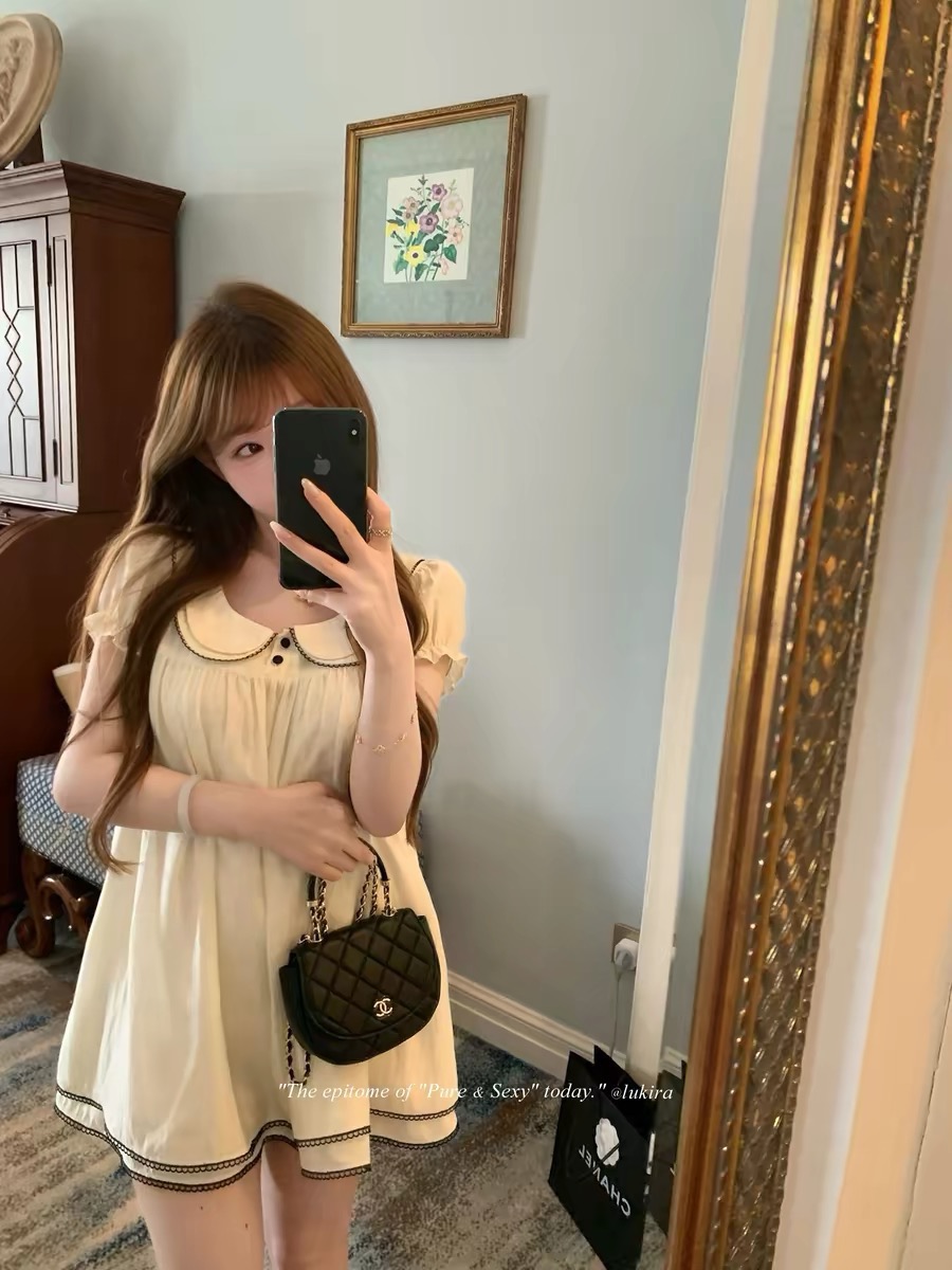 lukira 중년 사랑 언어 프랑스식 레트로 베이비 칼라 거품 소매 여성 드레스 여름 하이웨이스트 한 마디 미니 스커트