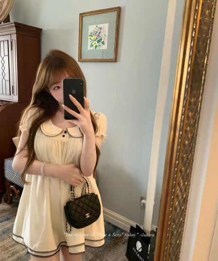 lukira 중년 사랑 언어 프랑스식 레트로 베이비 칼라 거품 소매 여성 드레스 여름 하이웨이스트 한 마디 미니 스커트