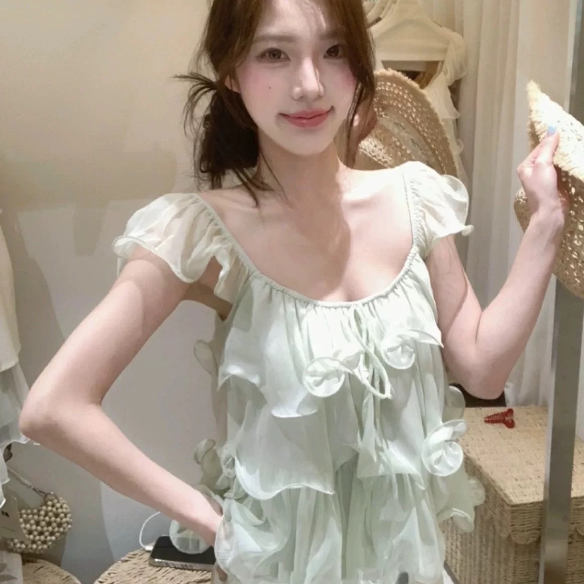 보라색 프릴 레이스업 V넥 작은 날다 소매 여성 셔츠 여름 한 부서 부드러운 바람 달콤함 루즈핏 슬림해 보이는 맨위