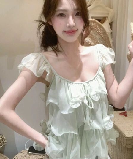 보라색 프릴 레이스업 V넥 작은 날다 소매 여성 셔츠 여름 한 부서 부드러운 바람 달콤함 루즈핏 슬림해 보이는 맨위