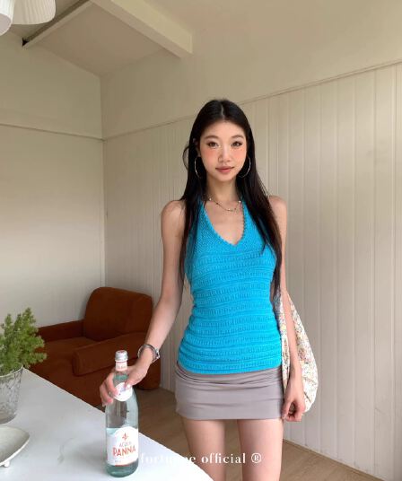 fortunee 홀로우 아웃 자수 니트 행침 목 조끼 여성 여름 디자인 센스 핫걸 몸매 가꾸기 다용도 민소매 맨위