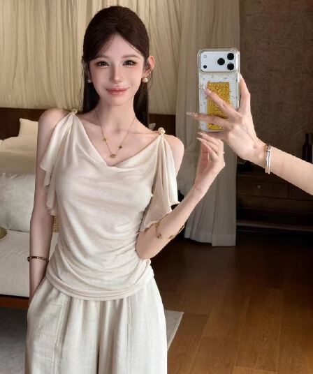 핑크색 丨 흐름 구름 청소 결점 프랑스식 부드러운 바람 쌀 살구 색상 흔들다 칼라 오프숄더 티셔츠 허리 수축 주름 프릴