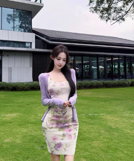 jingli 프랑스식 아름다운 프린트 슬립 드레스 여름 휴가 바람 허리 수축 타이트 스커트 미니 스커트 여성 타이 클립