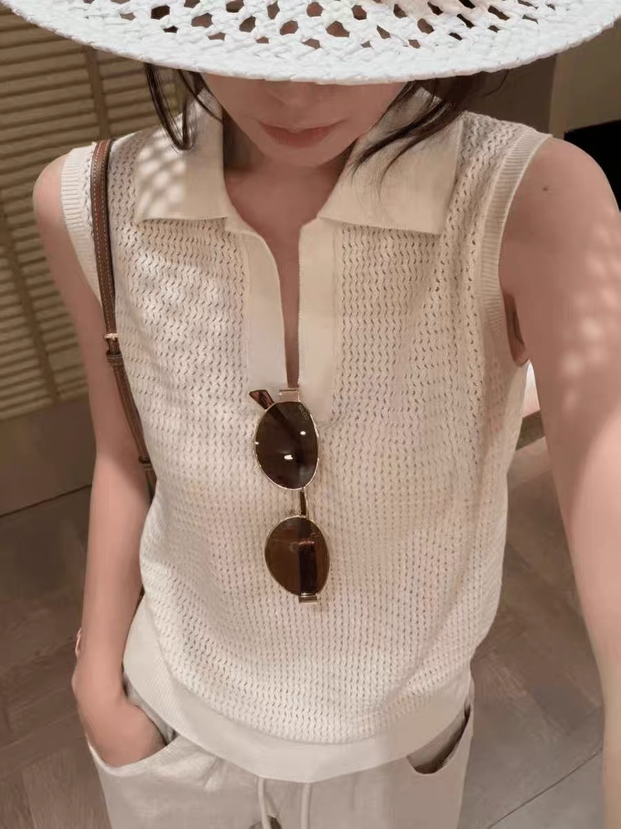 프랑스식 레트로 POLO 칼라 홀로우 아웃 얼음 실크 니트 조끼 여성 여름 얇고 가벼운 통기성 슬림해 보이는 다용도 민소매 맨위
