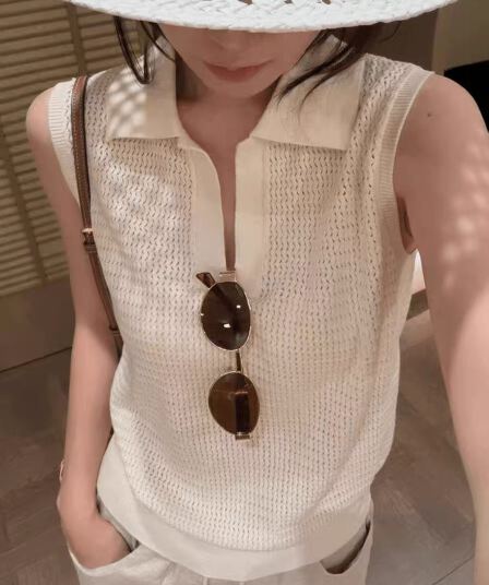 프랑스식 레트로 POLO 칼라 홀로우 아웃 얼음 실크 니트 조끼 여성 여름 얇고 가벼운 통기성 슬림해 보이는 다용도 민소매 맨위