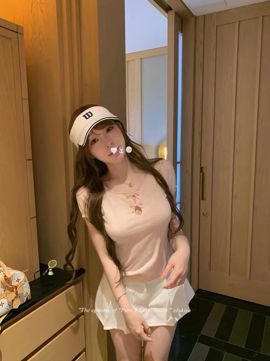 lukira 빛 연 여름 라운드 넥 나비 매듭 홀로우 아웃 자카드 니트 반팔 티셔츠 여성 여름 슬림해 보이는 맨위