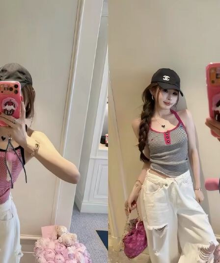 9 월 홈 분말 블랙 동화 장미 베르 미첼 리 행침 목 얼음 실크 조끼 블랙 흰색 스트립 행침 목 얼음 실크 조끼 트렌디 ins