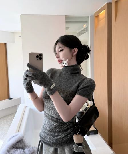 laareetoo 회색 터틀넥 자카드 소매 커버 스웨터 여자 가을 겨울 디자인 센스 몸매 가꾸기 인사이드 가져 가라. 슬림해 보이는 맨위