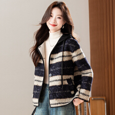 批发维也纳外套  撞色条纹圈圈呢上衣女秋冬新款连帽宽松百搭