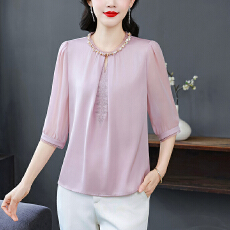 批发设计感真丝衬衫女中袖2026夏季立领刺绣<b class='q'>妈妈</b>装显瘦桑蚕丝上衣