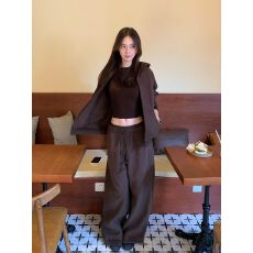 批发【纯棉华棉】【<b class='q'>套装</b>】卫衣女咖色拉链连帽开衫外套阔腿裤两件套