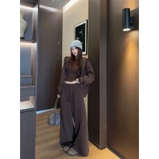 批发纯棉华棉<b class='q'>套装</b>卫衣女咖色拉链连帽开衫外套阔腿裤两件套