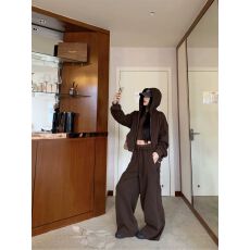 批发纯棉华棉<b class='q'>套装</b>卫衣女咖色拉链连帽开衫外套阔腿裤两件套