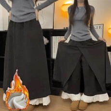 批发韩系深灰色蕾丝拼接休闲女2025秋冬加绒<b class='q'>高腰</b>小个子慵懒<b class='q'>阔腿裤</b>直筒