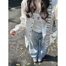 批发韩系条纹长袖衬衫女<b class='q'>夏季</b>宽松oversize原宿风百搭衬衣潮防晒